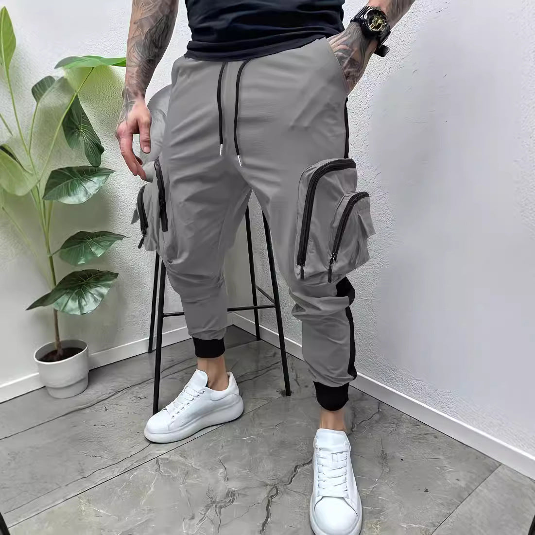 Casual Zipper Multi-pocket Color Matching Tapered Overalls
