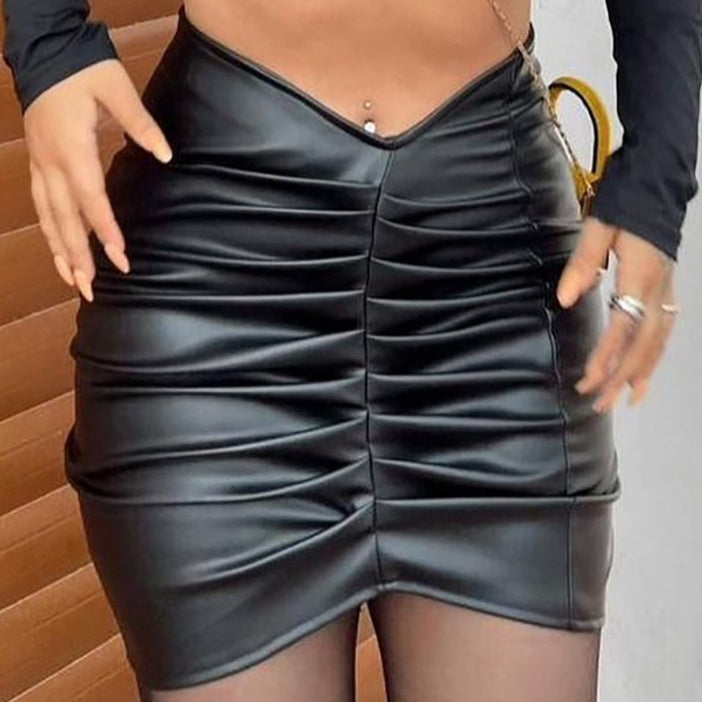 European And American Style Fashion Temperament Pure Color Pleated PU Sheath Skirt
