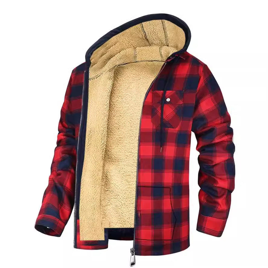 Men's Plaid Print Hooded Zip-Up Jacket