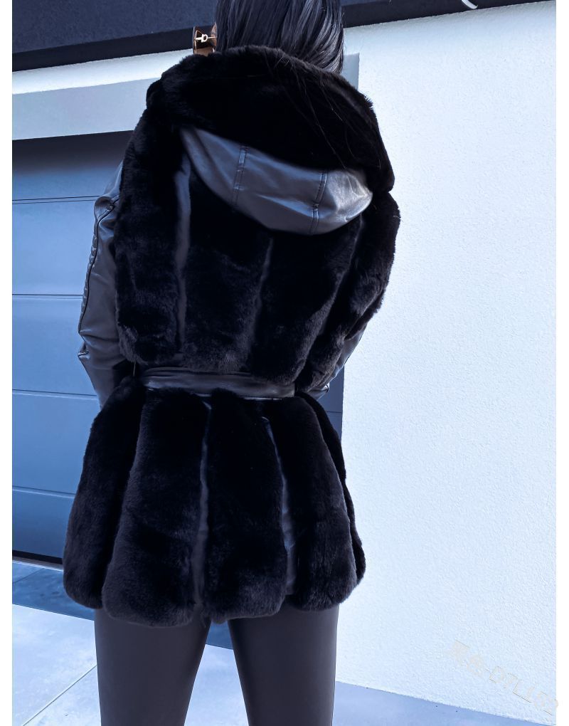 Fur Belt Belt Hooded Zipper Jacket