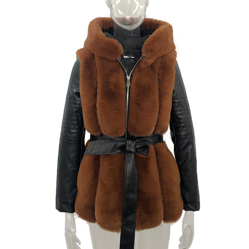 Fur Belt Belt Hooded Zipper Jacket