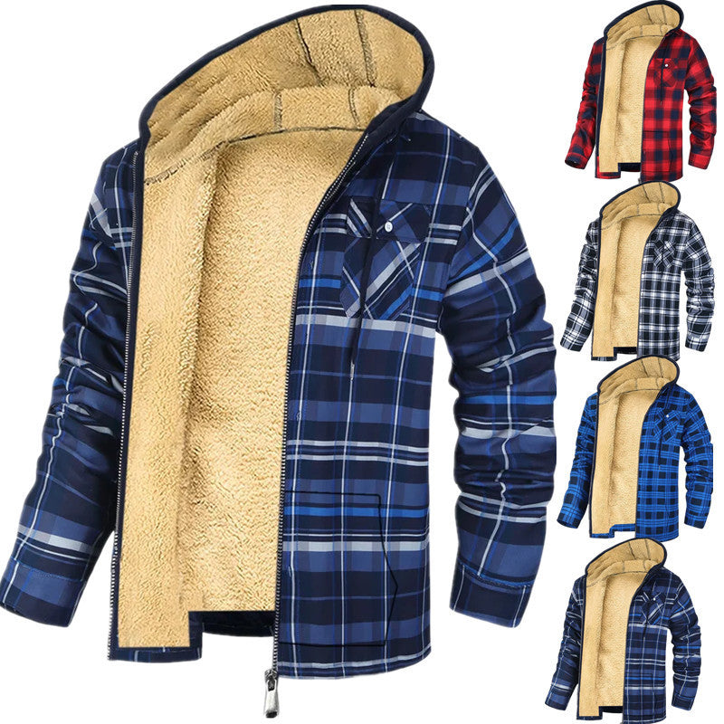 Men's Plaid Print Hooded Zip-Up Jacket