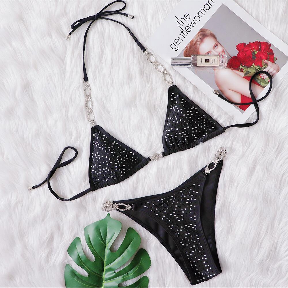 Solid Color Strap Hot Diamond Split Women's Swimwear