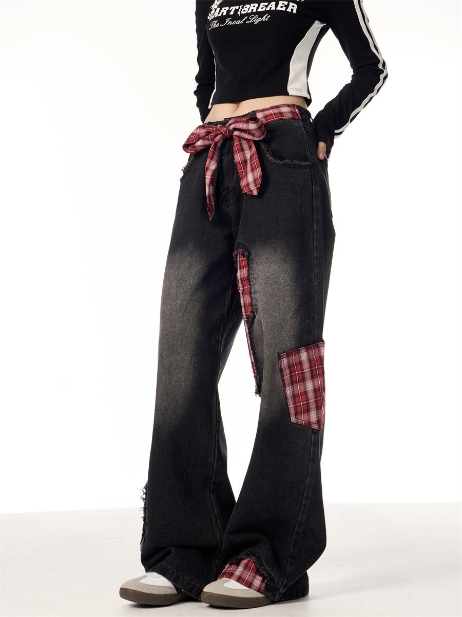 Bowknot Loose Sweet Cool Plaid Stitching Jeans Women's Straight Wide Leg Pants