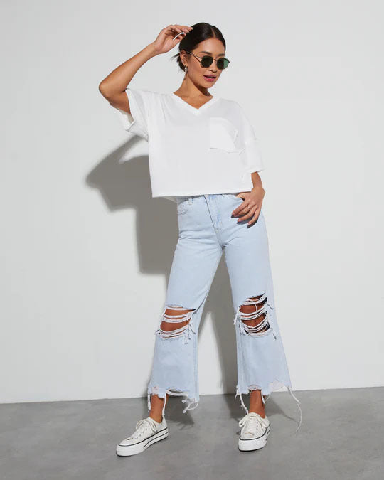 Women's Casual Loose Mid Waist Ripped Cropped Jeans