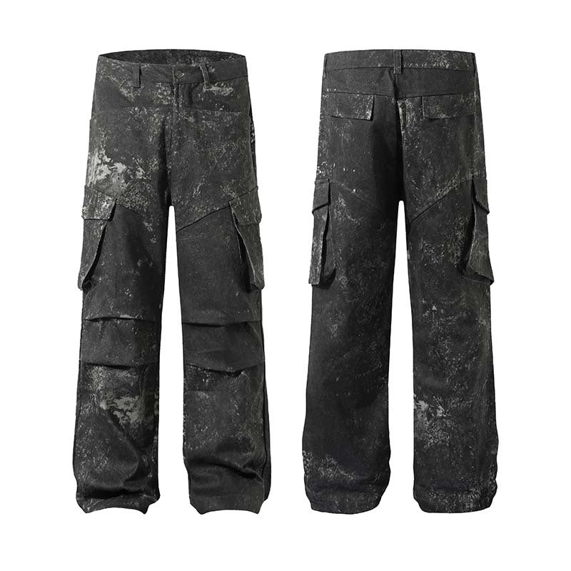 Men's High Street American Splash-ink Distressed Pleated Multi-pocket Cargo Pants