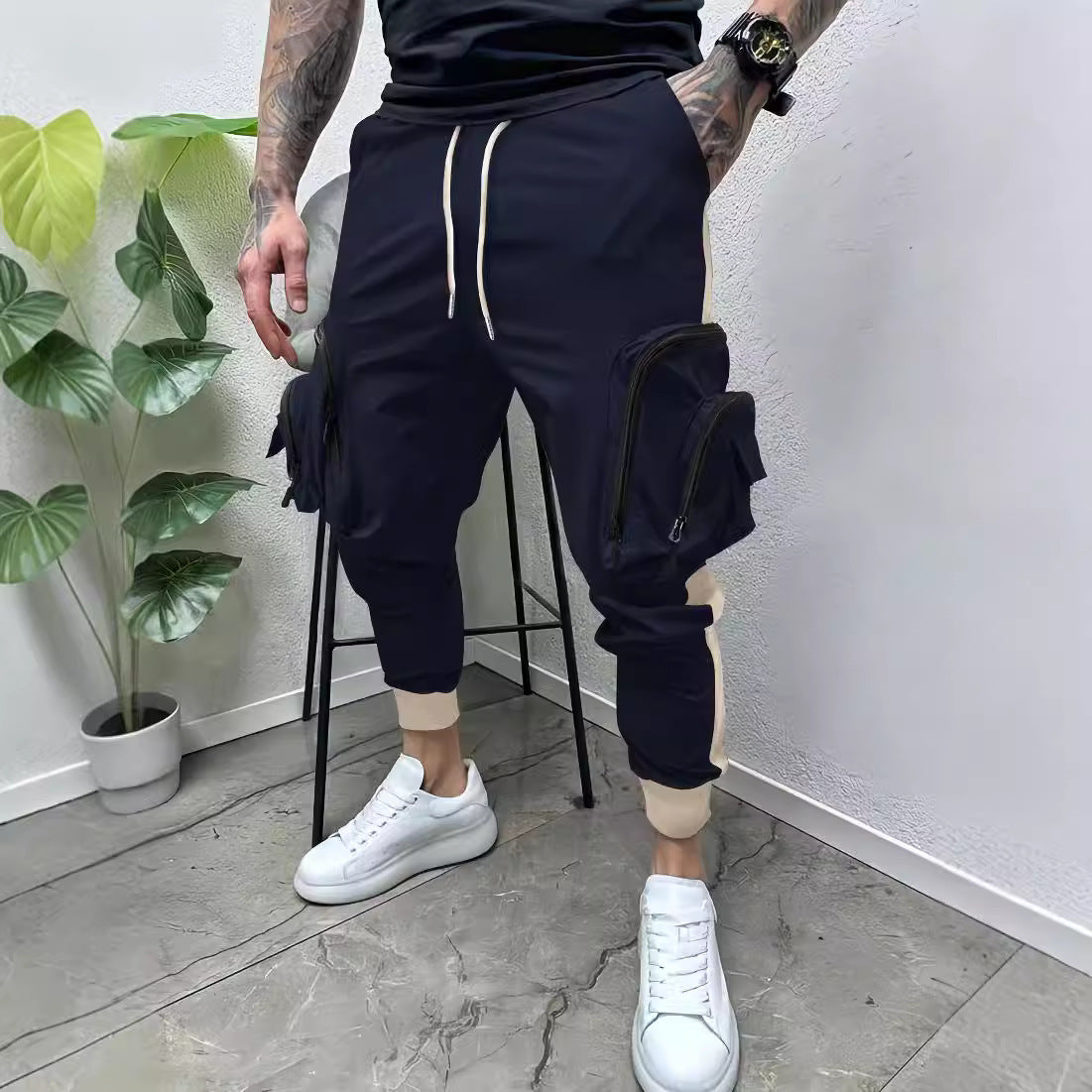 Casual Zipper Multi-pocket Color Matching Tapered Overalls