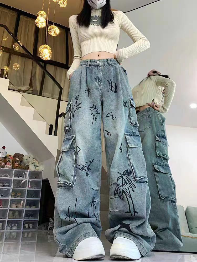 Retro Cartoon Graffiti Loose Denim Trousers Women