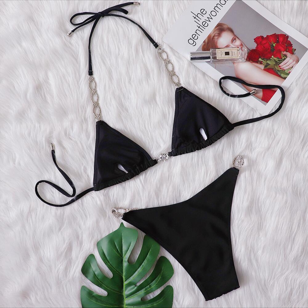 Solid Color Strap Hot Diamond Split Women's Swimwear