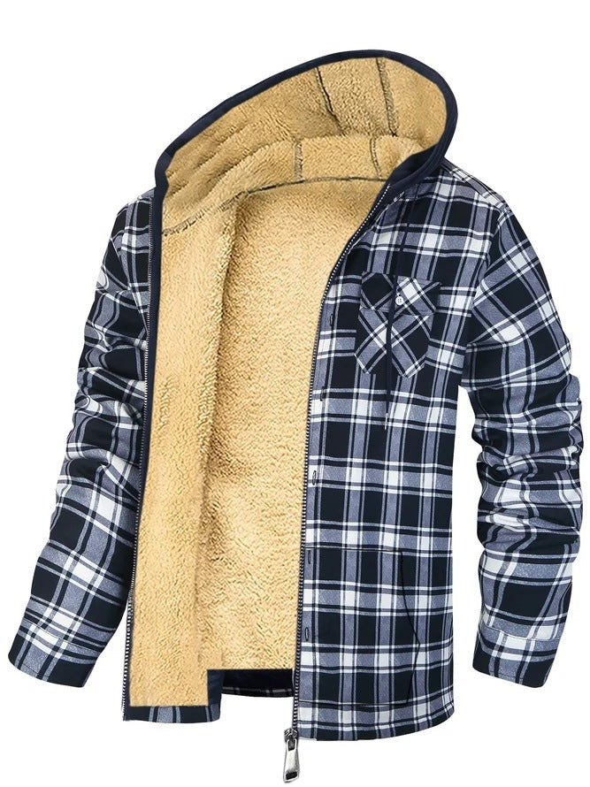 Men's Plaid Print Hooded Zip-Up Jacket