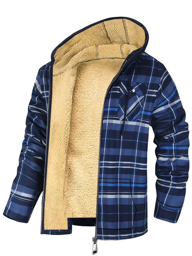 Men's Plaid Print Hooded Zip-Up Jacket