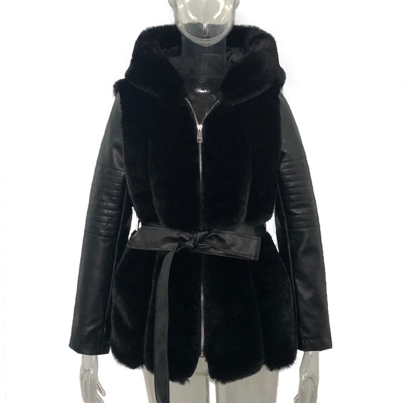 Fur Belt Belt Hooded Zipper Jacket